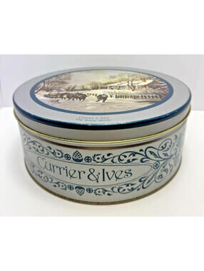 Vtg 1993 Currier & Ives Christmas Winter Scene Tin The Snow Storm Holiday Round